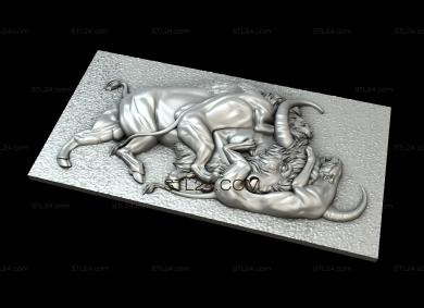 Панно художественные (Буйвол отбивается от тигров, PH_0330) 3D модель для ЧПУ станка